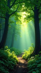 Sunlit Woodland Path Serene Spring Forest Scene, Magical Atmosphere, Lush Green Undergrowth, Perfect for Nature, Travel & Environmental Projects