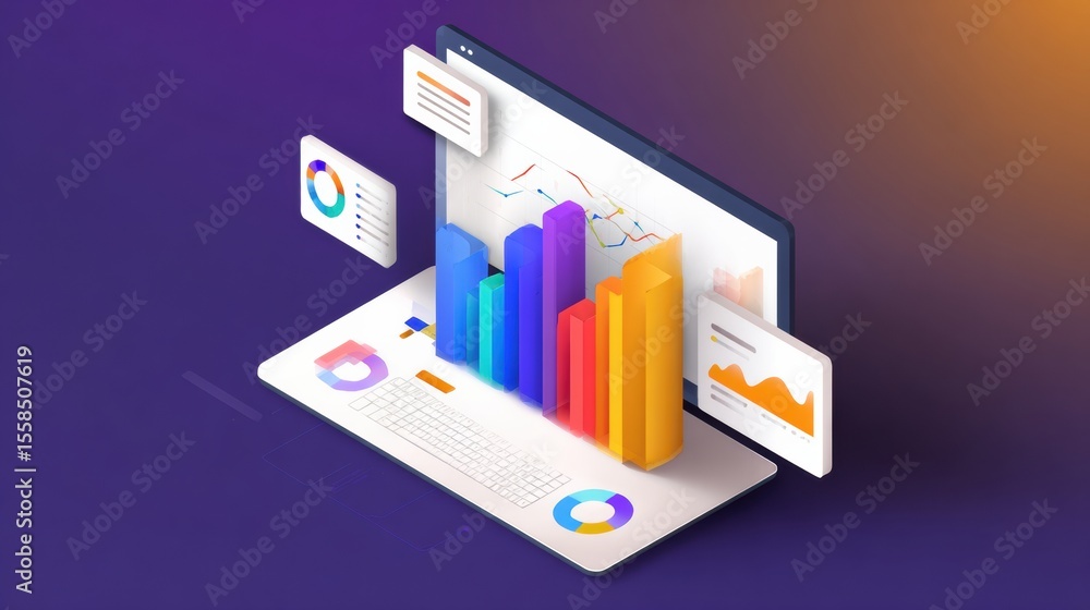 Poster detailed isometric representation of budget software interface showcasing colorful growth bars and f