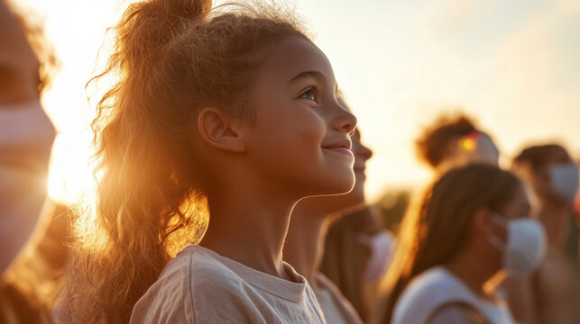 Sunset gathering of diverse individuals enjoying a moment of hope and connection in a joyful outdoor setting