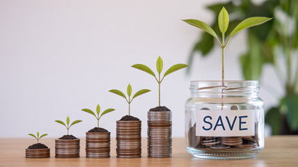 Money Growth: A visual metaphor for financial growth, with stacks of coins and a jar, each sprouting new green leaves. symbolizing the power of saving and investment.