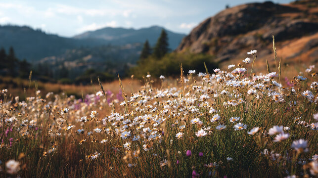 Flowers growing on gentle slope.
