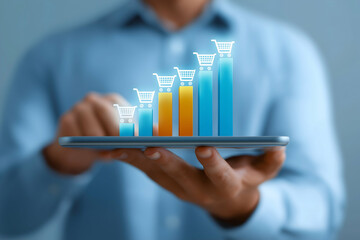 A person in a blue shirt holds a tablet showing a rising bar graph with shopping cart icons, symbolizing e-commerce growth and online shopping trends.