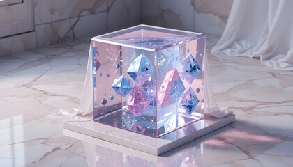 Colorful Crystals Encased in Transparent Cube on Marble Surface