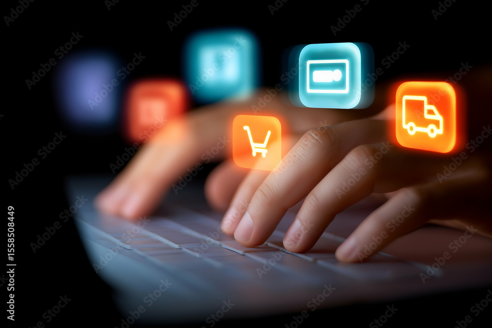 Poster hands typing on a keyboard with floating digital icons representing online shopping and delivery ser