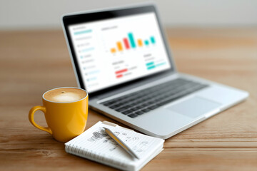 A yellow coffee mug, a pen on a notepad with sketches, and an open laptop displaying colorful bar graphs on a wooden desk.