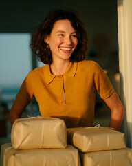 A cheerful woman in a mustard shirt smiles brightly behind stacked beige packages in warm indoor lighting.