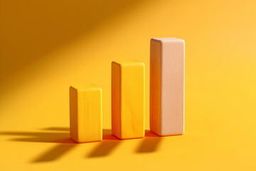 Three wooden blocks of increasing height are placed on a yellow background, casting shadows that emphasize growth or progress.