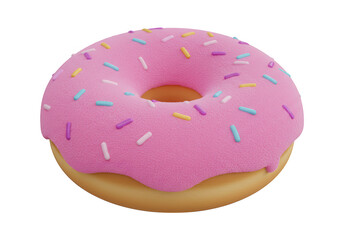 A pink frosted donut with colorful sprinkles isolated on transparent background