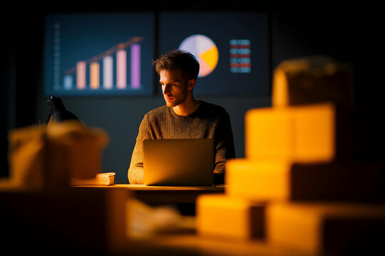 A focused man works on a laptop surrounded by packages, analyzing business charts displayed on a screen in a dimly lit room.