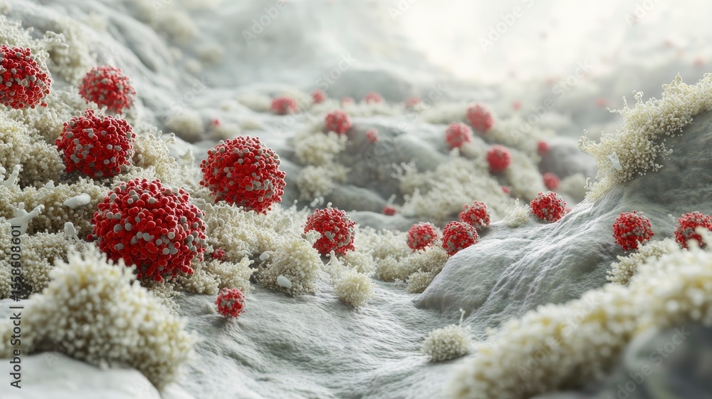 Poster microscopic view of red and white cells on a textured surface.
