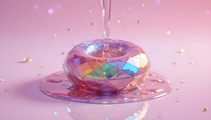 Colorful Water Droplet Over Shiny Crystal Bowl on Soft Background