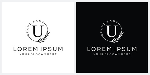 Initial letter U cosmetics fashion logo design, serif font graphic icon, leaves nature symbol concept