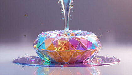 Colorful Abstract Shape with Water Droplets and Smooth Reflection