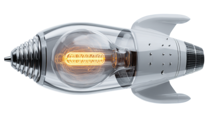 Lighting the future a lightbulb rocket ship blasting off towards on transparent background
