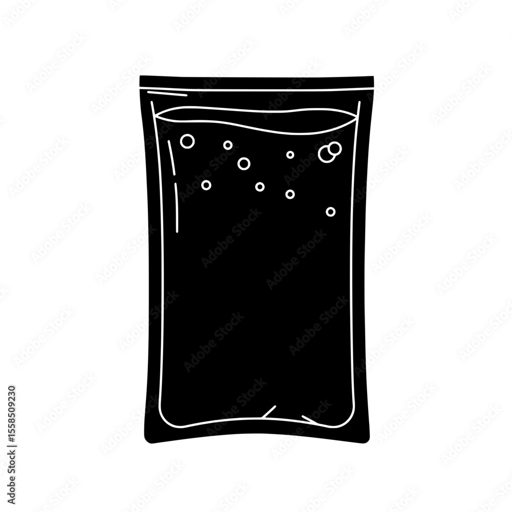 Poster dark pouch with liquid: a simple line drawing of a dark pouch filled with a liquid, showing bubbles 