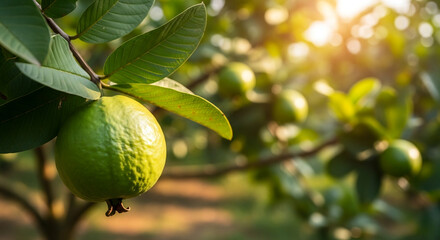 Fresh Guava Fruit Growing On Tree In Orchard