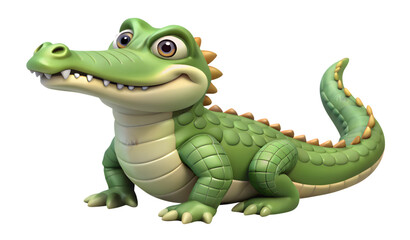 3D Cartoon Crocodile Character with Big Brown Eyes and Spiky Tail, Cute Animated Alligator Isolated