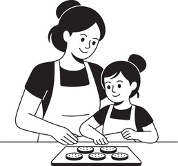 Black and White Vector Illustration Mother Daughter Baking Cookies Together Kitchen Aprons