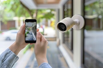 Smart AI home surveillance system showing live video on phone, entry monitored