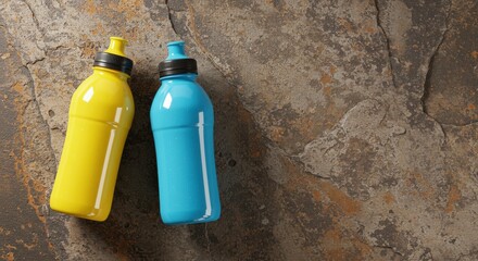 Vibrant yellow and blue water bottles on rustic stone background