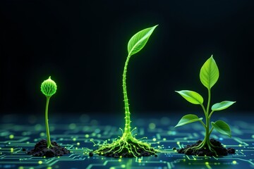 Growing green plants on digital circuit board nature scene macro photography high-tech environment