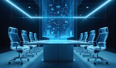 Futuristic Conference Room with Advanced Technology and Neon Lighting