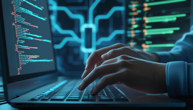 Business man computer hand close up futuristic cyberspace finance AI chatbot artificial coding coding background business data analytics programming online network metaverse digital world technology