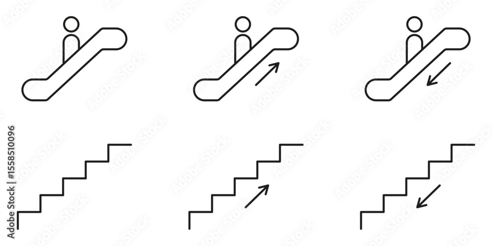 Poster escalator and stair direction icons set. up and down movement symbols for navigation and accessibili