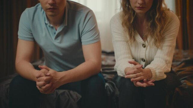 couple family relationship problems divorce silent do not speak, man and woman cry sitting at bed resentment towards each other in dark bedroom. guy cheated on girl. betrayal jealousy broken heart