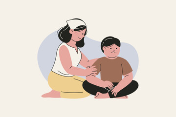 Illustration of Caring Mother Comforts Her Disgruntled Son