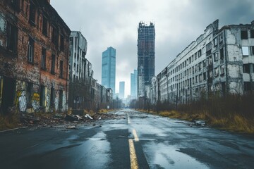 A desolate street lined with damaged buildings leading to skyscrapers under a cloudy sky in a city