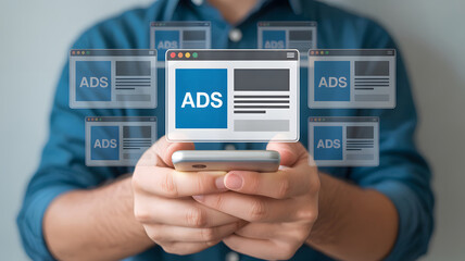 Mobile advertising illustrated with person holding smartphone displaying online ads for a marketing strategy focused on digital platforms.