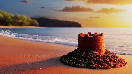 Sandcastle on a beach during sunset with gentle waves and a serene background landscape