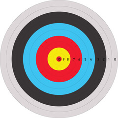 Target with arrows hitting bullseye on white background design, archery target board with points, printable vector illustration