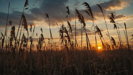 Dry bulrush reed on sunset