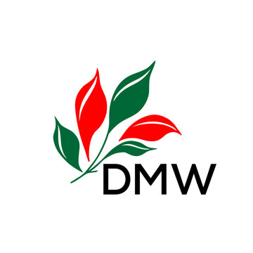 DMW Modern Leaf Logo Design with Red and Green Colors, DMW Later Logo, Nature Inspired Minimalist Logo Template, Professional Plant Logo for Business Branding.
