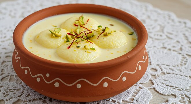 Bathed in natural light, a terracotta bowl filled with classic Rasmalai is presented on a delicate white lace mat, the golden-yellow sweet floating in the rich milk and topped with vibrant green pista