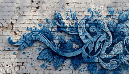 Street wall sprayed with blue graffiti merged with ornate calligraphic designs