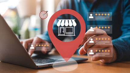 Focusing on local SEO to boost business reviews, a person works on a laptop to optimize location listings and enhance online reputation, showing target and market.