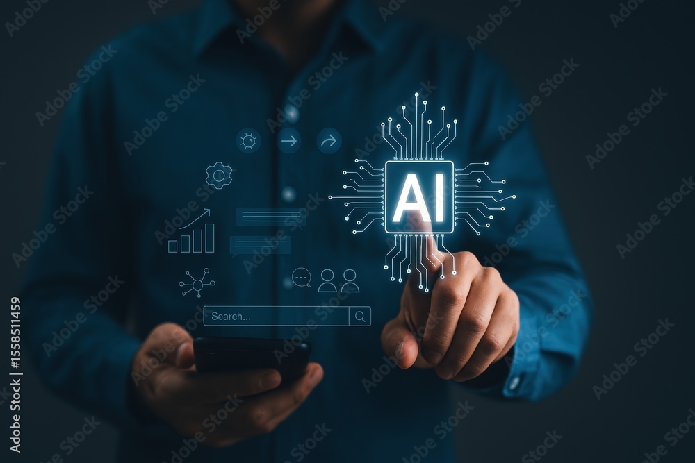 Poster ai technology interface: a person interacts with an ai interface, represented by glowing digital ele