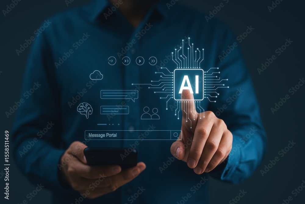Poster ai interaction: a person's hand interacts with an illuminated ai graphic, representing the dynamic f