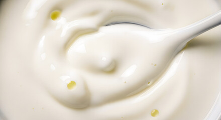 A close-up shot highlights the creamy texture and air pockets in fresh yogurt, marked by a spoon swirl trail