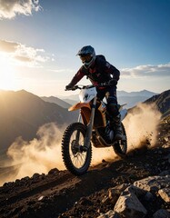 Fototapeta premium motocross rider kicking up dust, rocks in the background, bold and gritty style