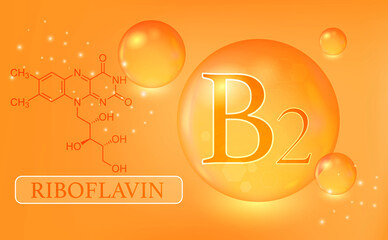 Vitamin B2, riboflavin, water drops, capsule on an orange background. Vitamin complex with chemical formula. Information medical poster.