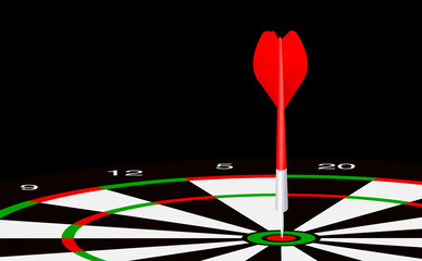 Darts target with needles reaching the target. Black background. Copy space.