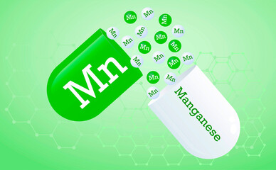 Manganese, trace element. Capsule with element Mn icon. Medical awareness poster