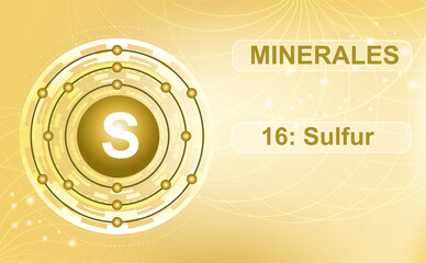 Sulfur, the 16th element of the periodic table of elements. Abstract green background. Information medical poster.