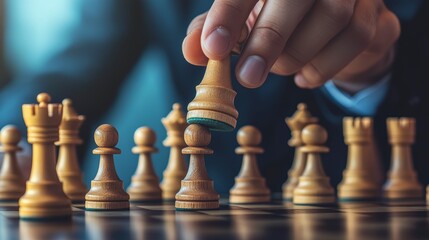 Close-up of hand moving chess piece, strategic game concept.