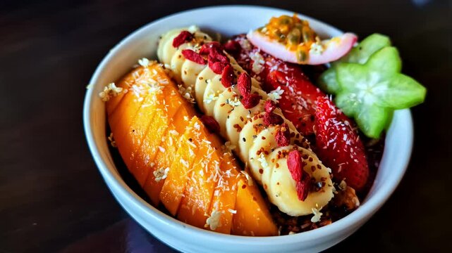 Fresh tropical fruit bowl with banana, passionfruit, starfruit, and goji berries