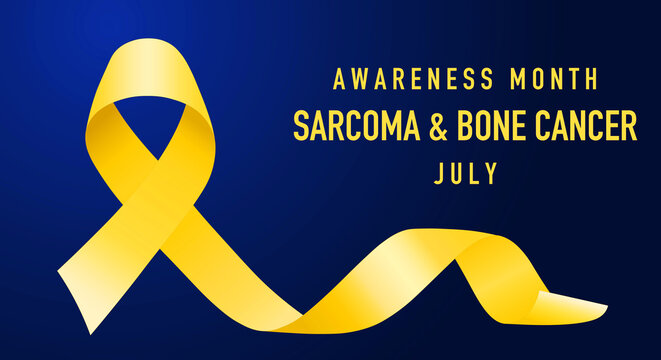 Sarcoma and bone cancer, celebrated every July. Yellow ribbon on blue background. Medical awareness poster